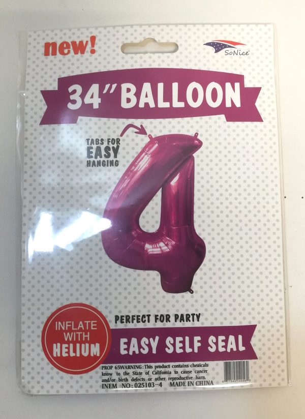 34" FOIL BALLOON  Fuchsia NUMBER 4