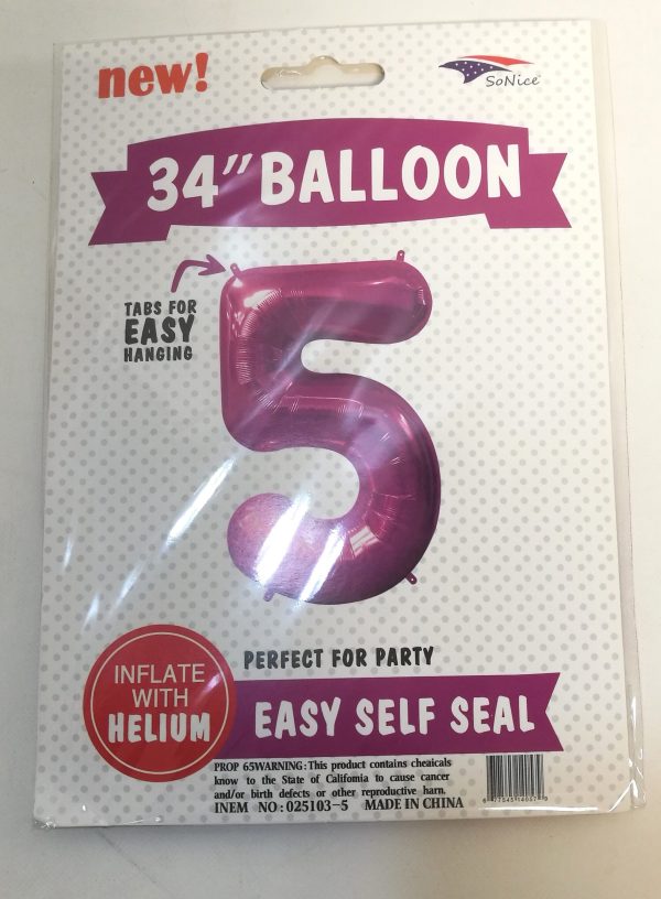 34" FOIL BALLOON  Fuchsia NUMBER 5