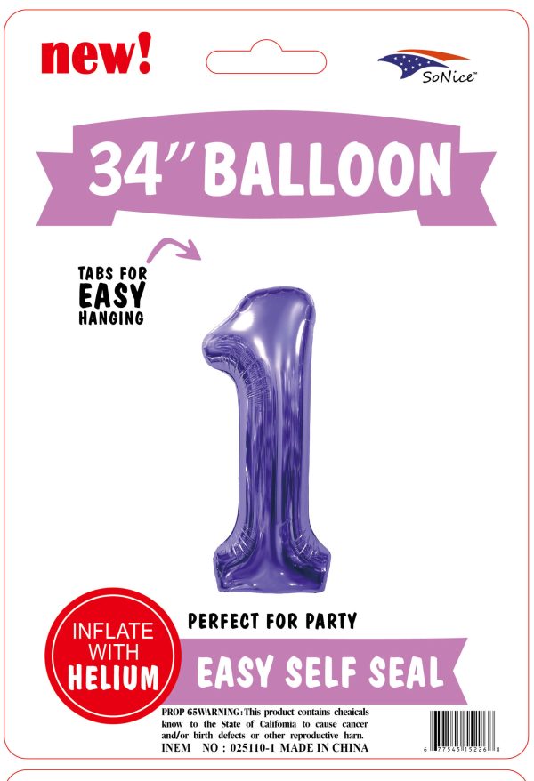 34" FOIL BALLOON  Purple NUMBER 1