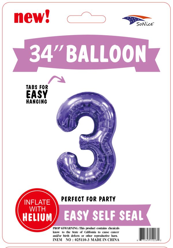 34" FOIL BALLOON  Purple NUMBER 3