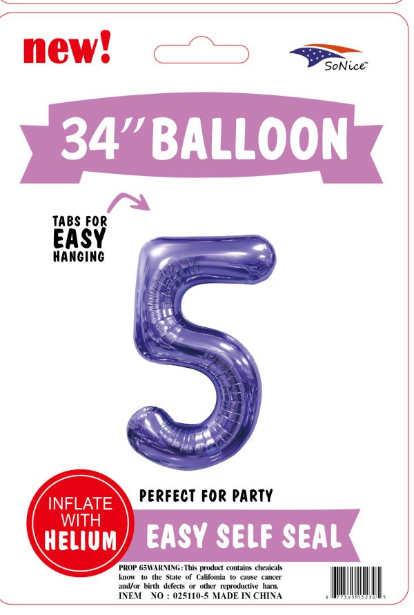 34" FOIL BALLOON  Purple NUMBER 5