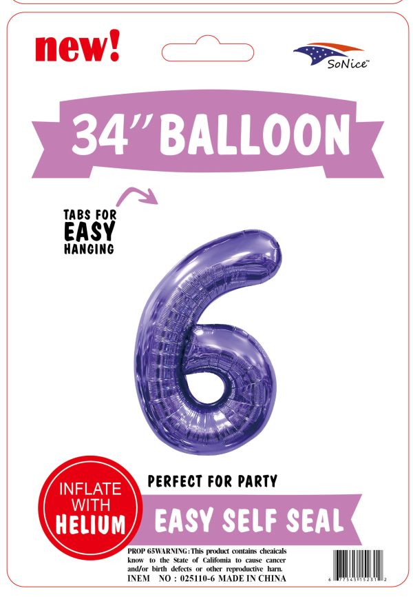 34" FOIL BALLOON  Purple NUMBER 6