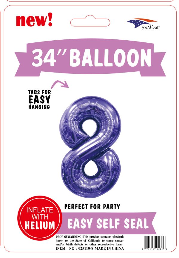 34" FOIL BALLOON  Purple NUMBER 8