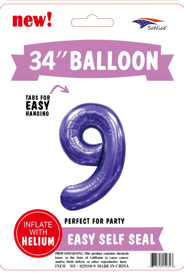 34" FOIL BALLOON  Purple NUMBER 9