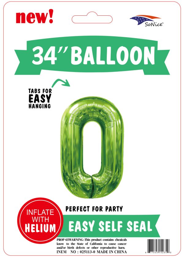 34" FOIL BALLOON  L/green NUMBER 0