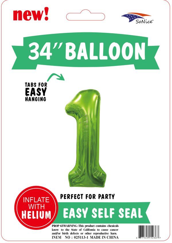 34" FOIL BALLOON  L/green NUMBER 1