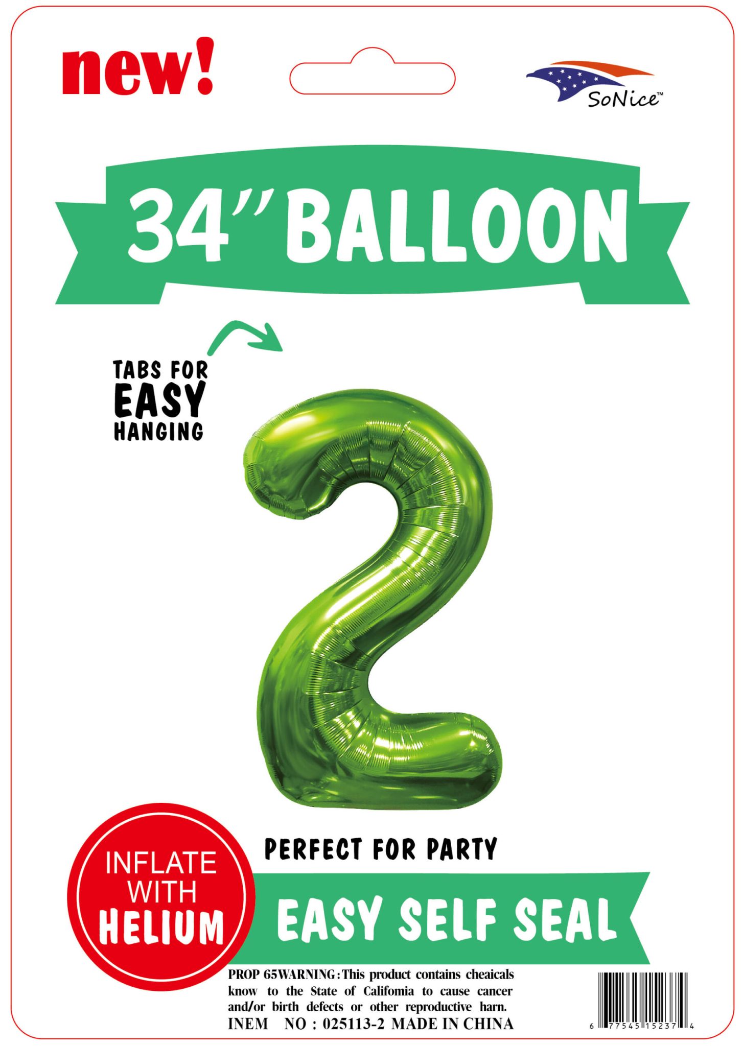 34" FOIL BALLOON L/green NUMBER 2 — Buy Wholesale at SoNice Party