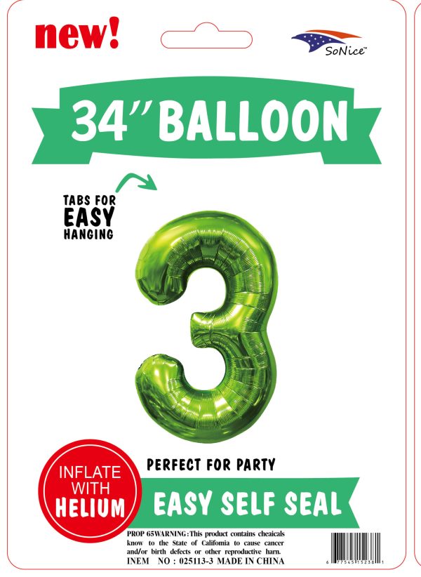 34" FOIL BALLOON  L/green NUMBER 3