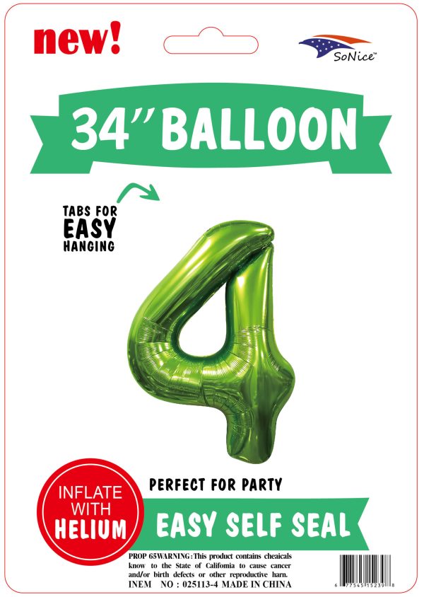 34" FOIL BALLOON  L/green NUMBER 4