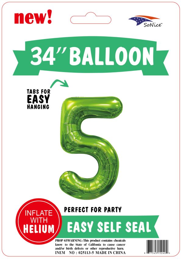 34" FOIL BALLOON  L/green NUMBER 5