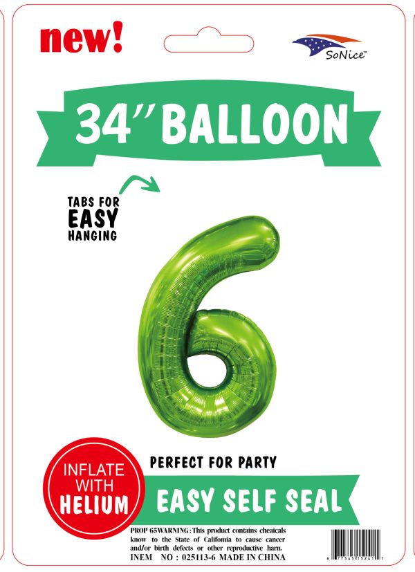 34" FOIL BALLOON  L/green NUMBER 6