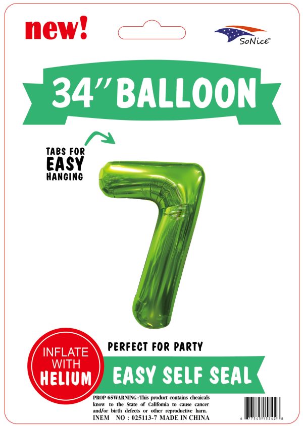 34" FOIL BALLOON  L/green NUMBER 7