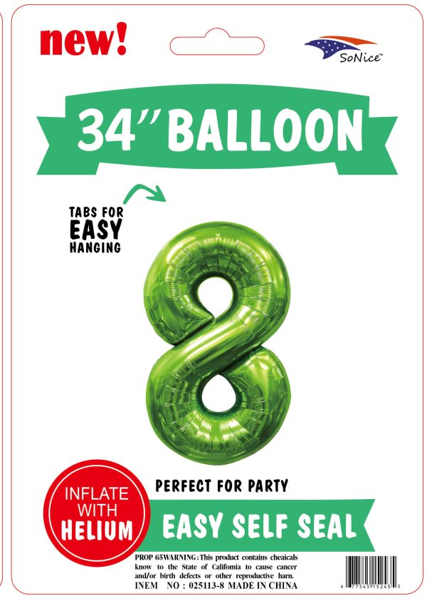 34" FOIL BALLOON  L/green NUMBER 8