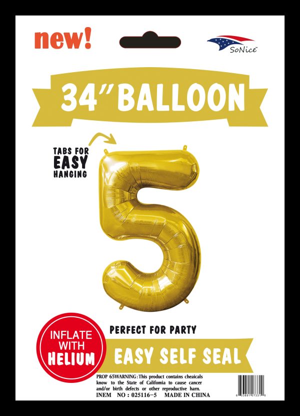 34"GOLD FOIL BALLOON  NUMBER 5