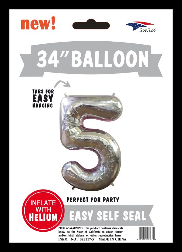 34" FOIL BALLOON  Silver NUMBER 5