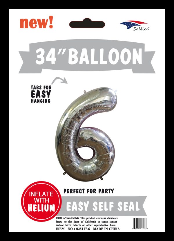 34" FOIL BALLOON  Silver NUMBER 6