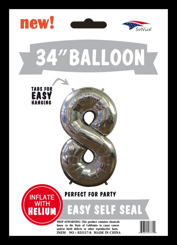 34" FOIL BALLOON  Silver NUMBER 8