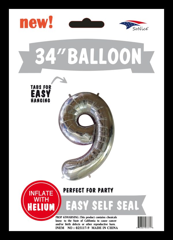 34" FOIL BALLOON  Silver NUMBER 9