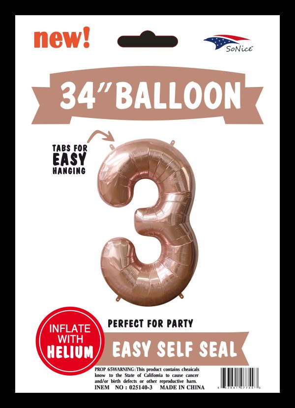 34" FOIL BALLOON  Rose Gold NUMBER 3