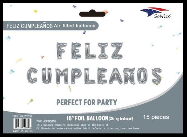 16" Foil Balloons Banner "FELIZ CUMPLEANOS" , Silver