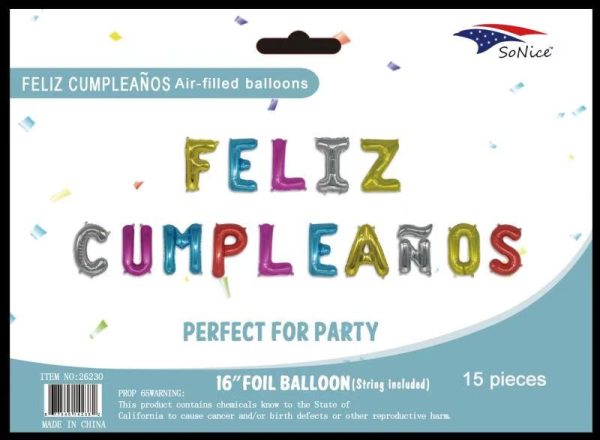 16" Foil Balloons Banner "FELIZ CUMPLEANOS" , Multi colors