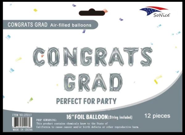 Mylar Balloon Banner CONGRATS GRAD, silver