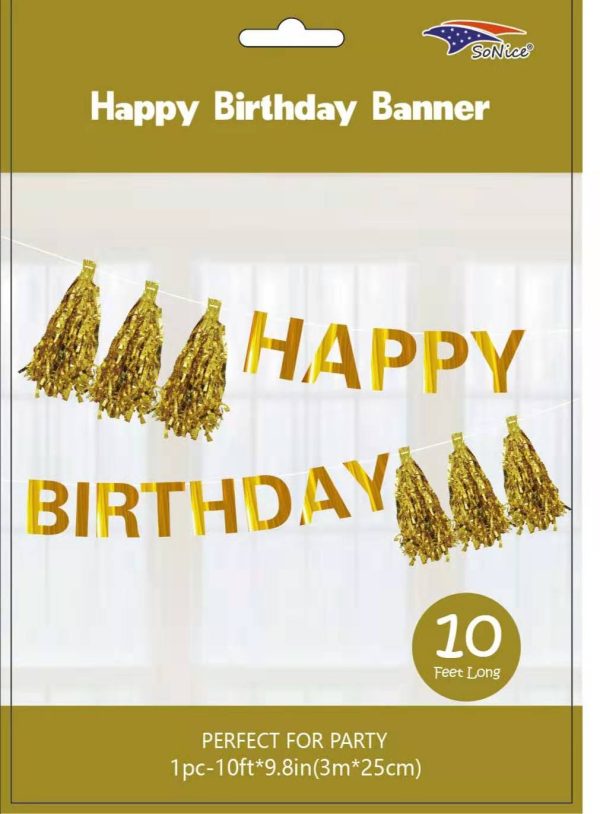 10FT Happy Birthday Banner with Tassel, Gold