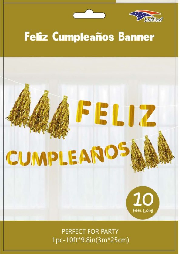 10FT “FELIZ CUMPLEANOS" Banners with Tassel , Gold