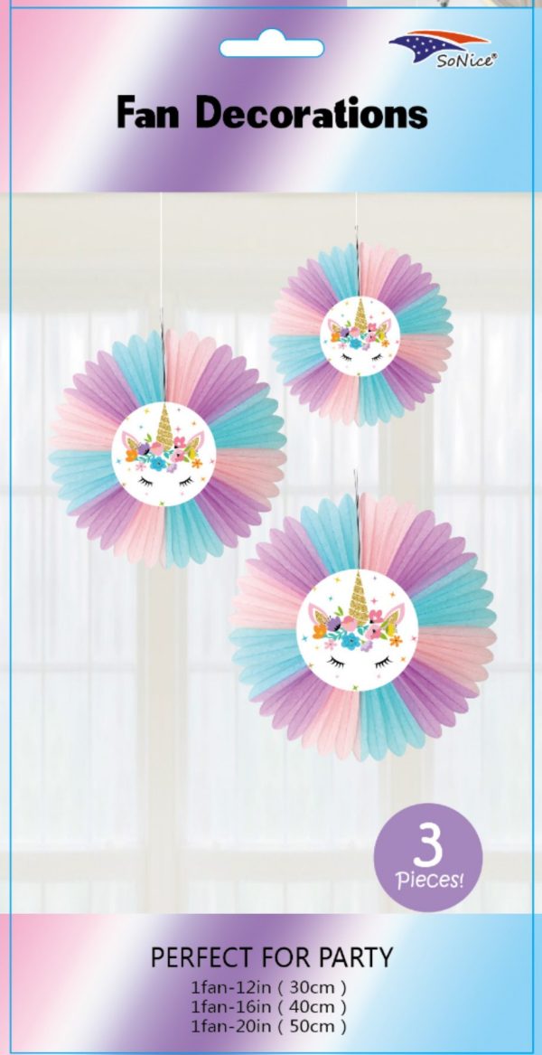 Themed Tissue Fans set pack 3 Unicorn