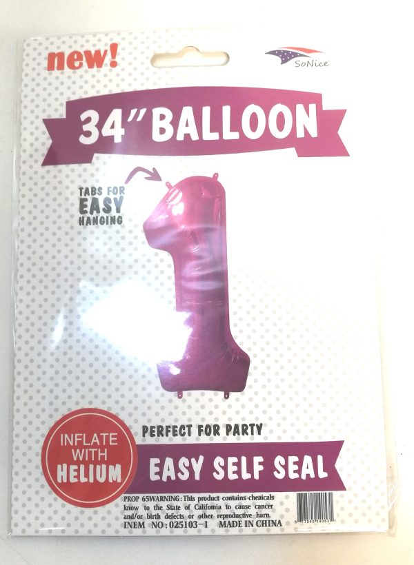 34" FOIL BALLOON  Fuchsia NUMBER 1