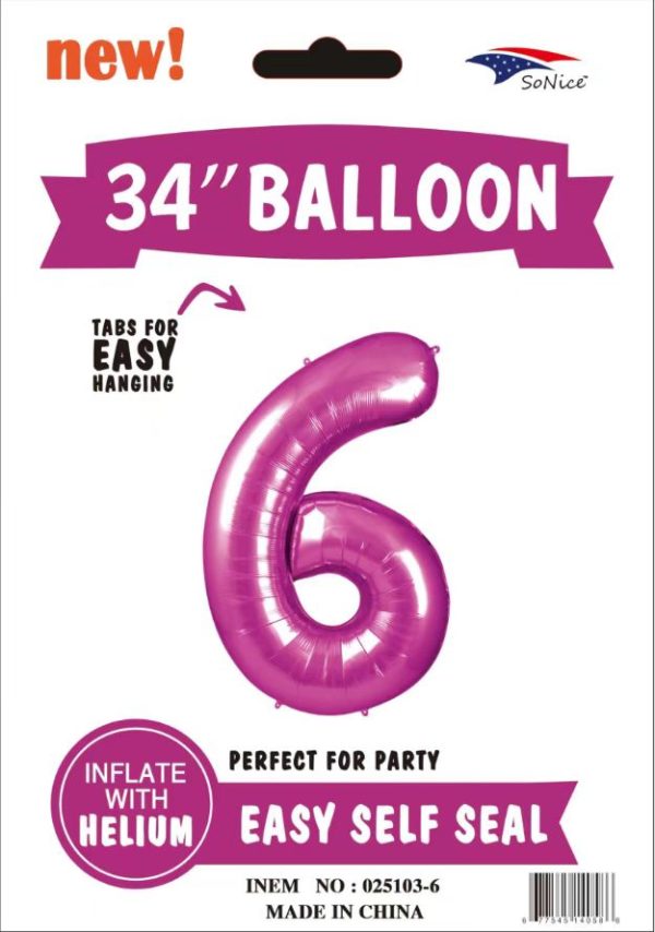 34" FOIL BALLOON  Fuchsia NUMBER 6