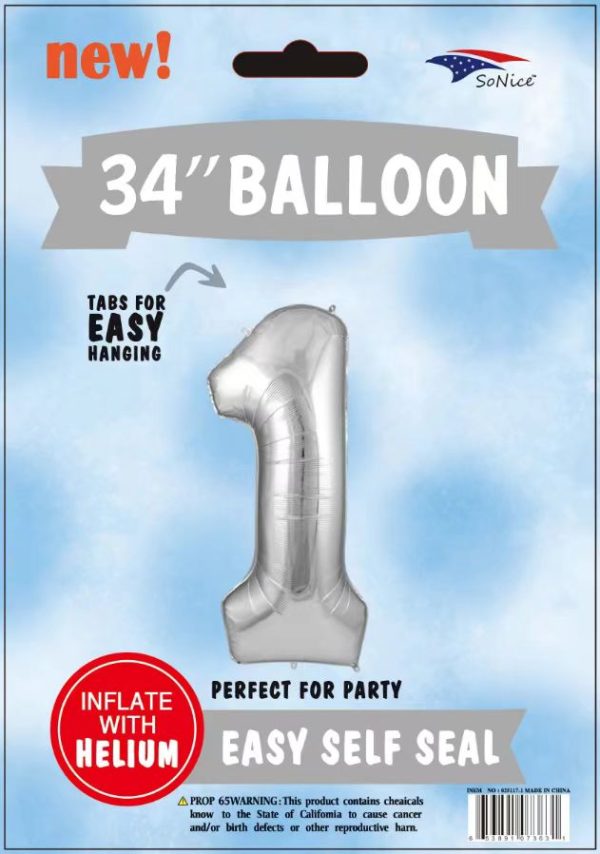 34" FOIL BALLOON  Silver NUMBER 1