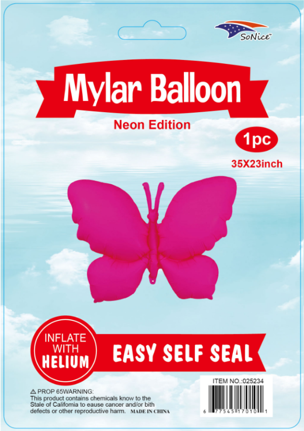35" Mylar  Balloon  Butterfly Neon pink