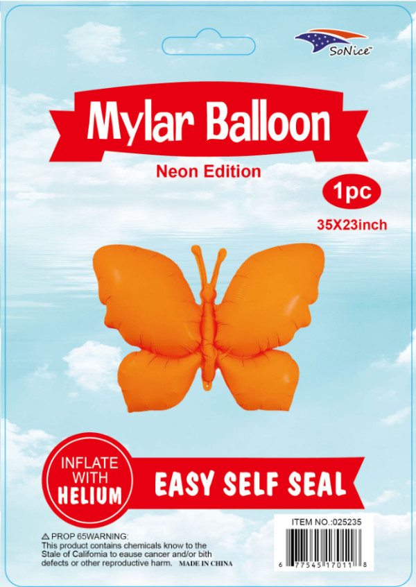 35" Mylar  Balloon  Butterfly Neon orange