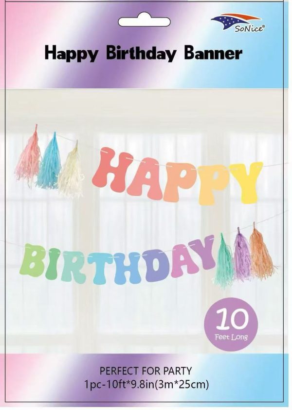 10FT Happy Birthday Banner with Tassel, Pastel