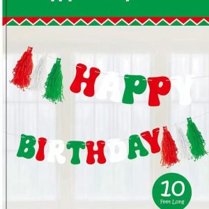 10FT Happy Birthday Banner with Tassel, Red/White/Green