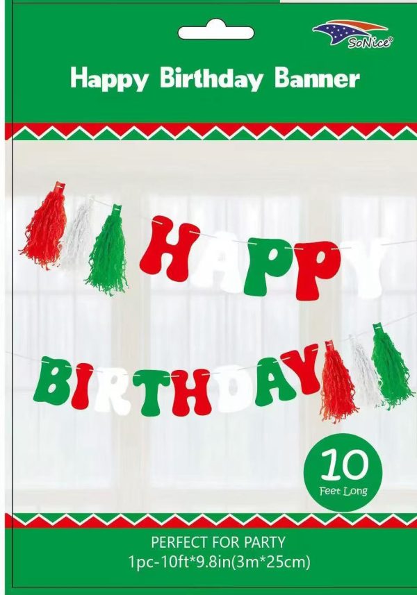 10FT Happy Birthday Banner with Tassel, Red/White/Green