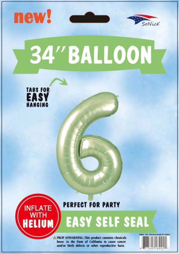 34"SAGE GREEN FOIL BALLOON NUMBER 6