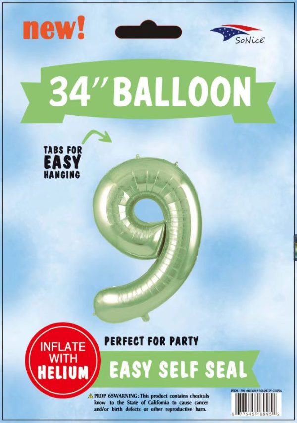 34"SAGE GREEN FOIL BALLOON  NUMBER 9
