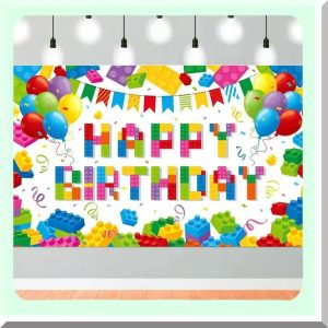 Vinyl Party Backdrop Banner Welcome HBD bricks
