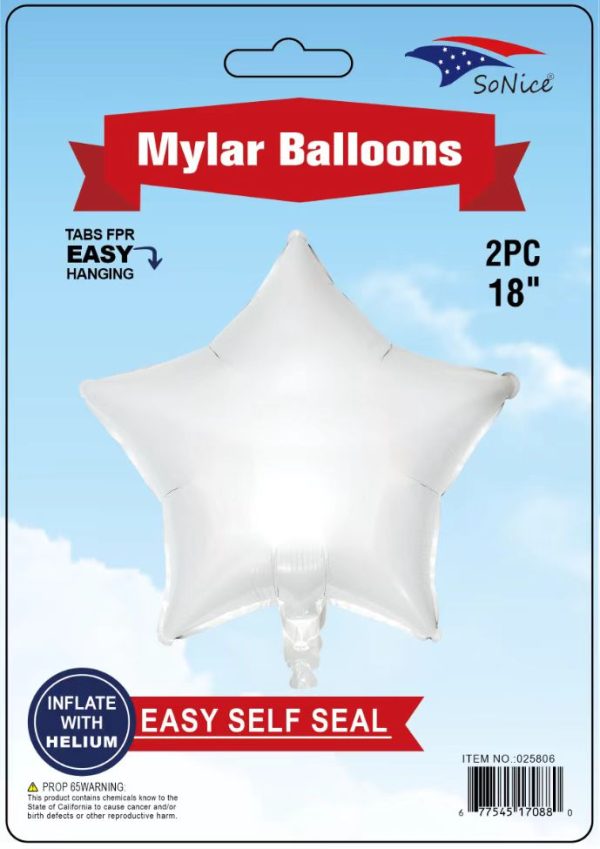 18" Mylar  Balloons Star 2PCS, WHITE