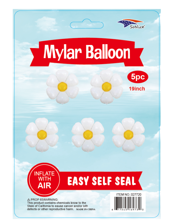 19" Mylar  Balloon  Daisy Flowers 5 pcs White