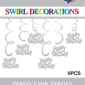 Themed Decoration Swirls 6 CT, HBD silver